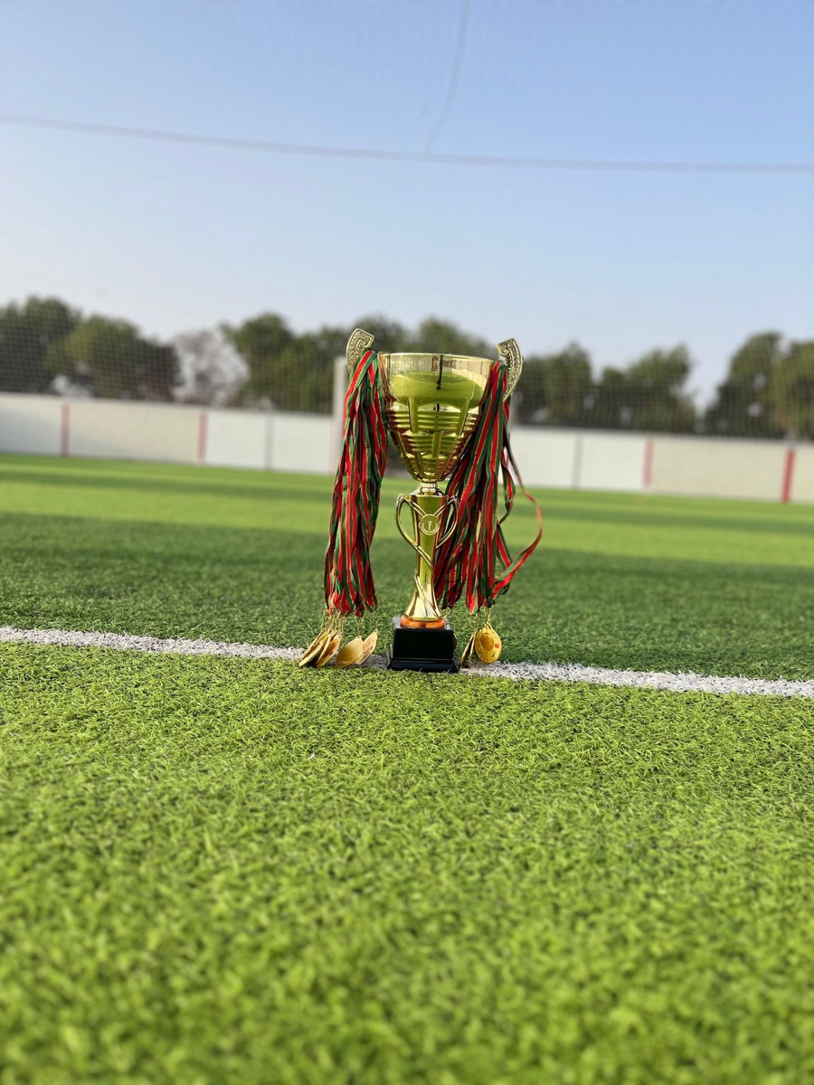 Le trophée et les médailles d'un tournoi Palmarena posés sur le terrain